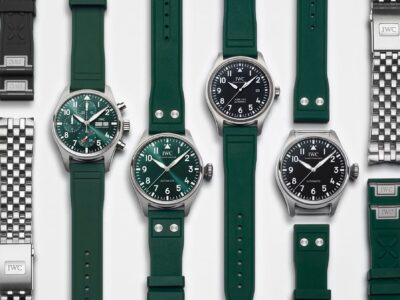A collection of watches with green rubber straps and metal bracelets, showcasing various styles for quick strap changes to enhance personal fashion