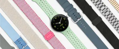 A variety of smartwatch straps in different materials, including leather, nylon, and silicone, displayed alongside a round smartwatch with a black face and colorful accents