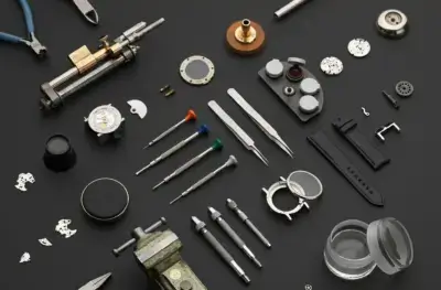 An assortment of watchmaking tools and smart watch accessories displayed on a black surface, showcasing the intricate components used in modern timepieces