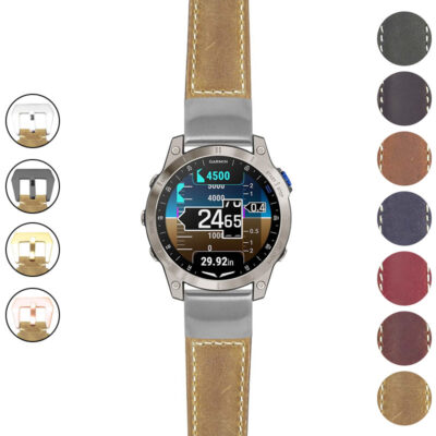 Salvage Leather Strap for Garmin D2 Mach 1, showcasing a stylish design with durable leather. Perfect for enhancing your smartwatch experience. Available in multiple colors