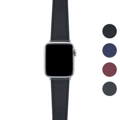 Saffiano Leather Strap for Apple Watch in sleek black. Available in sizes 38mm, 40mm, 41mm, 42mm, 44mm, 45mm, and 49mm. Elevate your style with this premium watch band