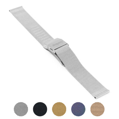 Pro Mesh Strap with Quick Release in silver metal and mesh. Available in various sizes: 6mm to 22mm. Features multiple color options for versatile style