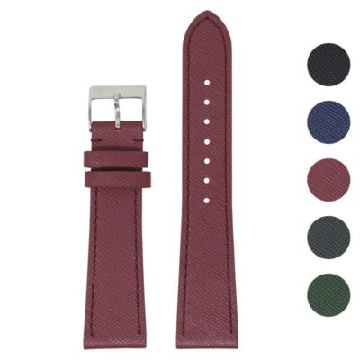 Premium Saffiano Leather Strap by DASSARI in burgundy. Available in sizes 16mm to 24mm. Perfect for enhancing your watch with style and comfort. Ideal for any occasion