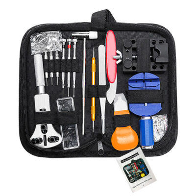 Watch Repair Kit featuring essential tools for watch maintenance, including screwdrivers, pins, and a case opener. Perfect for DIY watch enthusiasts and repairs