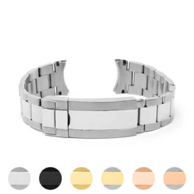 A sleek stainless steel oyster bracelet featuring a polished finish, available in 20mm and 21mm sizes. Perfect for adding a touch of elegance to any outfit