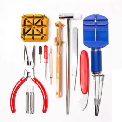 Watch Tool Kit for easy watch band adjustments and repairs. Includes essential tools like pliers, screwdrivers, and a strap holder. Perfect for watch enthusiasts!