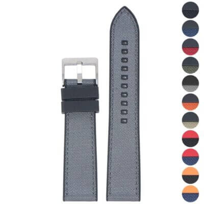 Sailcloth FKM Hybrid Strap by DASSARI, crafted from durable FKM rubber and sailcloth. Available in 20mm and 22mm sizes, it adds style and comfort to your watch