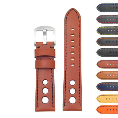 M5 Leather Rally Strap by DASSARI in rich brown leather. Available in sizes 18mm, 20mm, 22mm, 24mm, and 26mm. Perfect for upgrading your watch style with durability and elegance