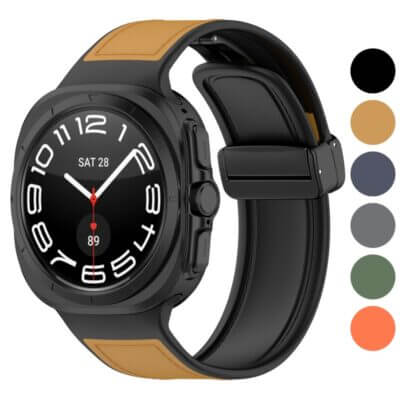 Hybrid Leather Strap for Samsung Galaxy Watch Ultra, featuring a stylish black and tan design. Perfect for enhancing your smartwatch with comfort and elegance. Available in multiple colors