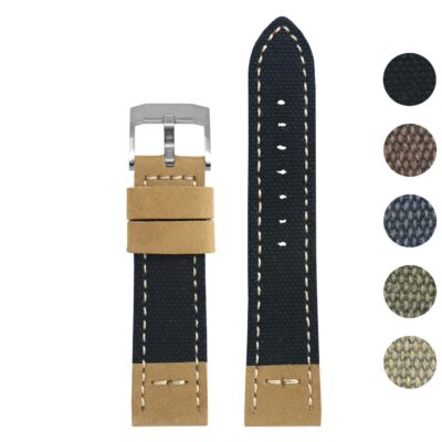 Shop the Canvas & Leather Strap by DASSARI at Ele Straps. Available in 20mm, 22mm, and 24mm sizes, this durable strap combines style and comfort for your watch