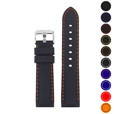 Stitched Rubber Strap with Quick Release in black with orange stitching. Available in sizes 18mm, 20mm, 22mm, and 24mm. Perfect for a stylish and comfortable watch upgrade