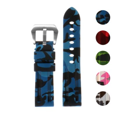 Heavy Duty Camo Rubber Watch Band in blue camo. Durable rubber material, available in sizes 22mm, 24mm, and 26mm. Perfect for adding style to your watch