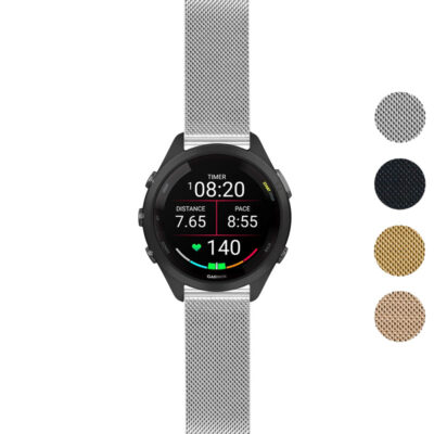 Pro Mesh Strap for Garmin Forerunner 265S displayed on a smartwatch, featuring a sleek silver mesh design. Available in four colors: black, gold, silver, and bronze