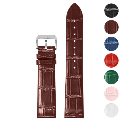 Slim crocodile embossed watch strap with quick release feature, available in sizes 17mm to 22mm. Stylish brown finish with a polished silver buckle. Perfect for any watch