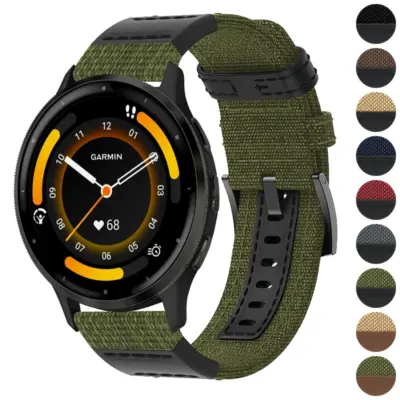 Rugged canvas band for Garmin Venu 3 in olive green, showcasing a durable design and compatibility with Garmin Venu models. Available in multiple colors