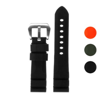 A durable rubber watch strap featuring a stainless steel pre-V buckle, available in sizes 22mm, 24mm, and 26mm. Shown in black with color options of orange, green, and black