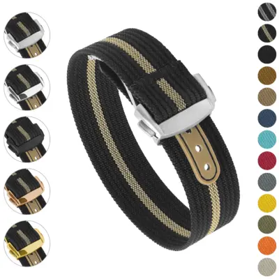 One-Piece Explorer Strap with Deployant Clasp in black and gold. Made of durable nylon, available in sizes 18mm, 20mm, 22mm, and 8mm. Ideal for stylish watch customization