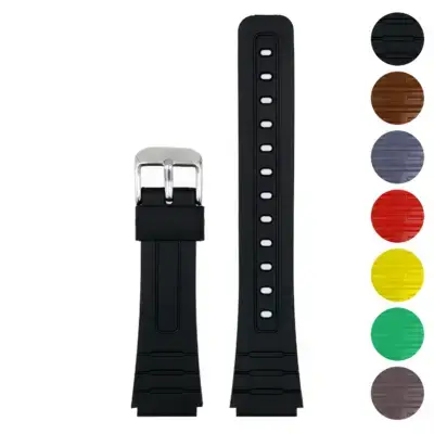 Classic rubber strap for Casio F-91W in black, featuring a durable rubber material and multiple adjustment holes for a comfortable fit. Available in various colors
