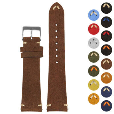 Suede Strap With Quick Release in brown leather and suede, available in various sizes (8mm to 24mm). Features a sleek design with contrasting stitching and a metal buckle