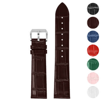 Slim crocodile embossed leather strap with quick release feature, available in multiple sizes (7mm to 22mm) and colors including brown, black, blue, green, pink, and red
