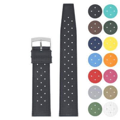Classic Tropical Style FKM Rubber Watch Strap by DASSARI, available in 20mm and 22mm sizes. Features a sleek design with perforations for breathability