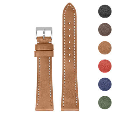 Stitched Heritage Strap with Quick Release in a rich tan leather finish. Available in sizes 18mm to 22mm and 8mm to 9mm. Features a classic design with contrasting stitching