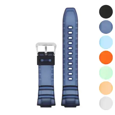 Fitted rubber strap for Casio MCW-100H in blue, featuring a sturdy silver buckle. Available in multiple colors, made from durable rubber for long-lasting wear