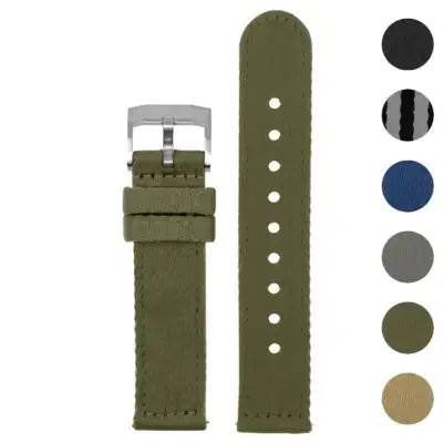 Pro Seatbelt Strap with Quick Release in olive green nylon, featuring adjustable sizing (20mm, 22mm) and a sleek silver buckle. Available in multiple colors
