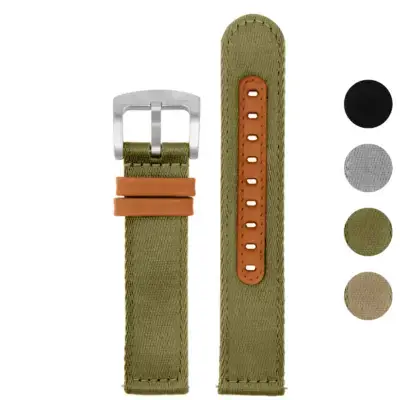 Two-Piece Explorer Strap with Quick Release in olive green nylon, featuring a silver buckle and brown accents. Available in 20mm and 22mm sizes
