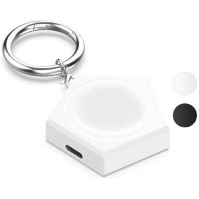 Portable charging adapter for Apple Watch, compatible with Series 1, 5, 7, Ultra, SE, and Ultra 2. Features a keychain design in white and black, suitable for 41mm and 45mm models