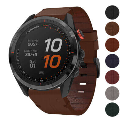 Vintage Italian leather strap for Garmin Approach S62, showcasing a rich brown color and textured design, compatible with Garmin Approach S6 and S62 models
