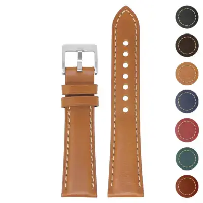 Vintage padded leather watch band with quick release feature, available in multiple sizes (8mm to 22mm) and colors. Durable leather construction for style and comfort