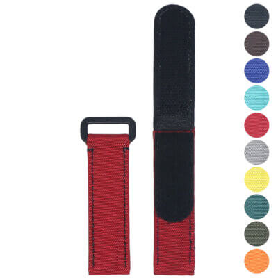 Red Hook & Loop Adventure Strap designed for MoonSwatch, featuring durable fabric and adjustable lengths. Available in various colors for a personalized look