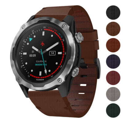 Vintage Italian leather strap designed for Garmin Descent MK2 and MK2S. Features a rich brown color, enhancing the watch's style and durability