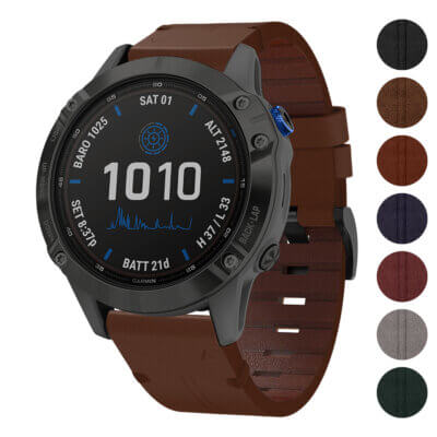 Vintage Italian leather strap for Garmin Fenix 6X, featuring a rich brown color and stylish design. Compatible with Garmin Fenix 6 and 6X models
