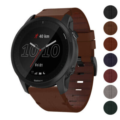 Vintage Italian leather strap designed for the Garmin Forerunner 945, showcasing a rich brown color with a sleek, stylish finish. Perfect for enhancing your smartwatch