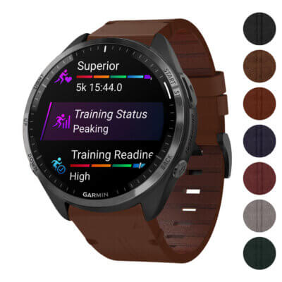 Vintage Italian leather strap designed for the Garmin Forerunner 965. Features a rich brown color, combining style and durability for an elegant smartwatch upgrade