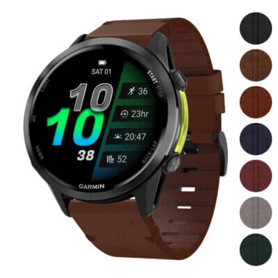 Vintage Italian leather strap designed for the Garmin Forerunner 970, featuring a rich brown color and a stylish, classic look. Perfect for enhancing your smartwatch