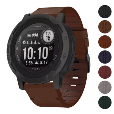 Vintage Italian leather strap in brown for Garmin Instinct series. Compatible with Garmin Instinct, Instinct 2, and Instinct 2X. Stylish and durable design