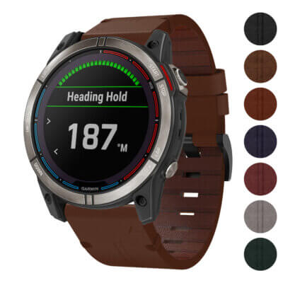 Vintage Italian leather strap for Garmin Quatix 7 and 7X. Features a rich brown color, enhancing the watch's style while providing comfort and durability