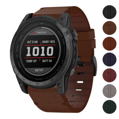 Vintage Italian leather strap designed for the Garmin Tactix 7, featuring a rich brown color with a stylish texture. Compatible with Garmin Tactix 7 models