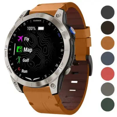 Italian leather strap for Garmin Approach S70 (42mm) in a rich tan color, showcasing a sleek design and compatibility with golf, map, and fitness features