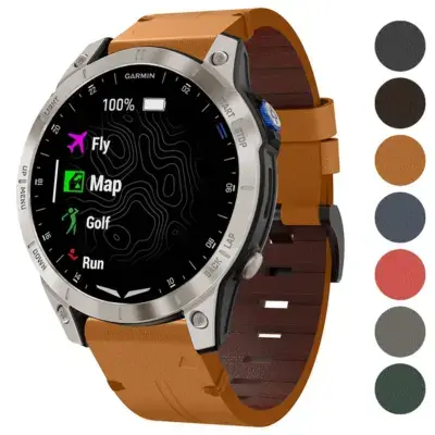 Italian leather strap designed for Garmin D2 Mach 1 and D2 Mach 1 Pro. Features a stylish brown finish and compatibility with various Garmin models