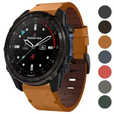 Italian leather strap for Garmin Descent Mk3i and Mk3, featuring a stylish brown design that enhances the watch's look while ensuring comfort and durability