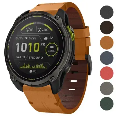 Italian leather strap for Garmin Enduro, featuring a stylish design and compatibility with Garmin Enduro models. Available in multiple colors for a personalized look