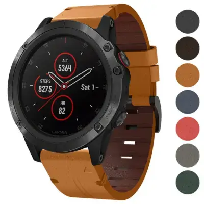 Italian leather strap designed for Garmin Fenix 5, 5S, 5S Plus. Features a stylish brown color, enhancing the watch's look while ensuring comfort and durability