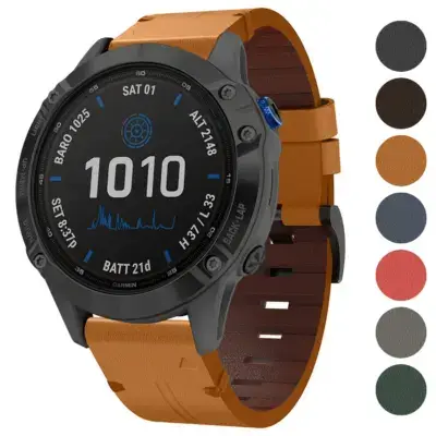 Italian leather strap for Garmin Fenix 6X, compatible with Fenix 6 and 6X models. Features a stylish design and available in multiple colors