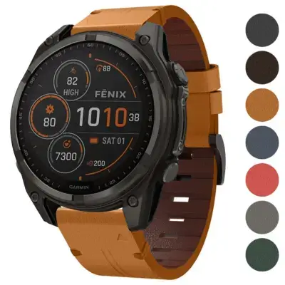 Italian leather strap for Garmin Fenix 8 & 8 Pro (43mm) in a stylish design, enhancing the watch's look while providing comfort and durability. Available in multiple colors