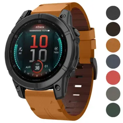 Italian leather strap for Garmin Fenix E, featuring a sleek design and comfortable fit. Available in multiple colors, enhancing the watch's style and functionality