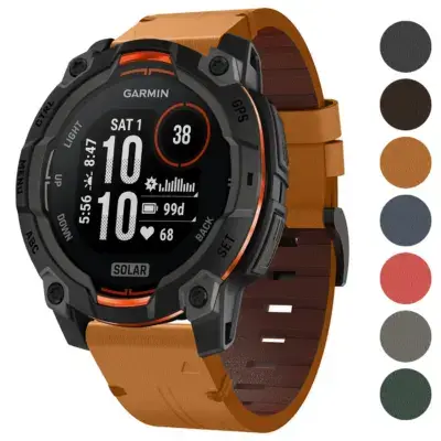 Italian leather strap for Garmin Instinct 3 (45mm) in a stylish brown color, enhancing durability and comfort while compatible with Garmin Instinct and Instinct models